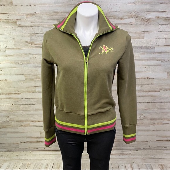 Nuvula Sweatshirt Illustrated Graphic Womens Size M Olive Green Artsy Full Zip - Picture 2 of 16